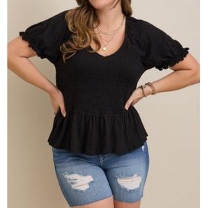 Torrid Black Smocked Short Sleeve Babydoll Shirt Top Blouse 2X 3X 4X